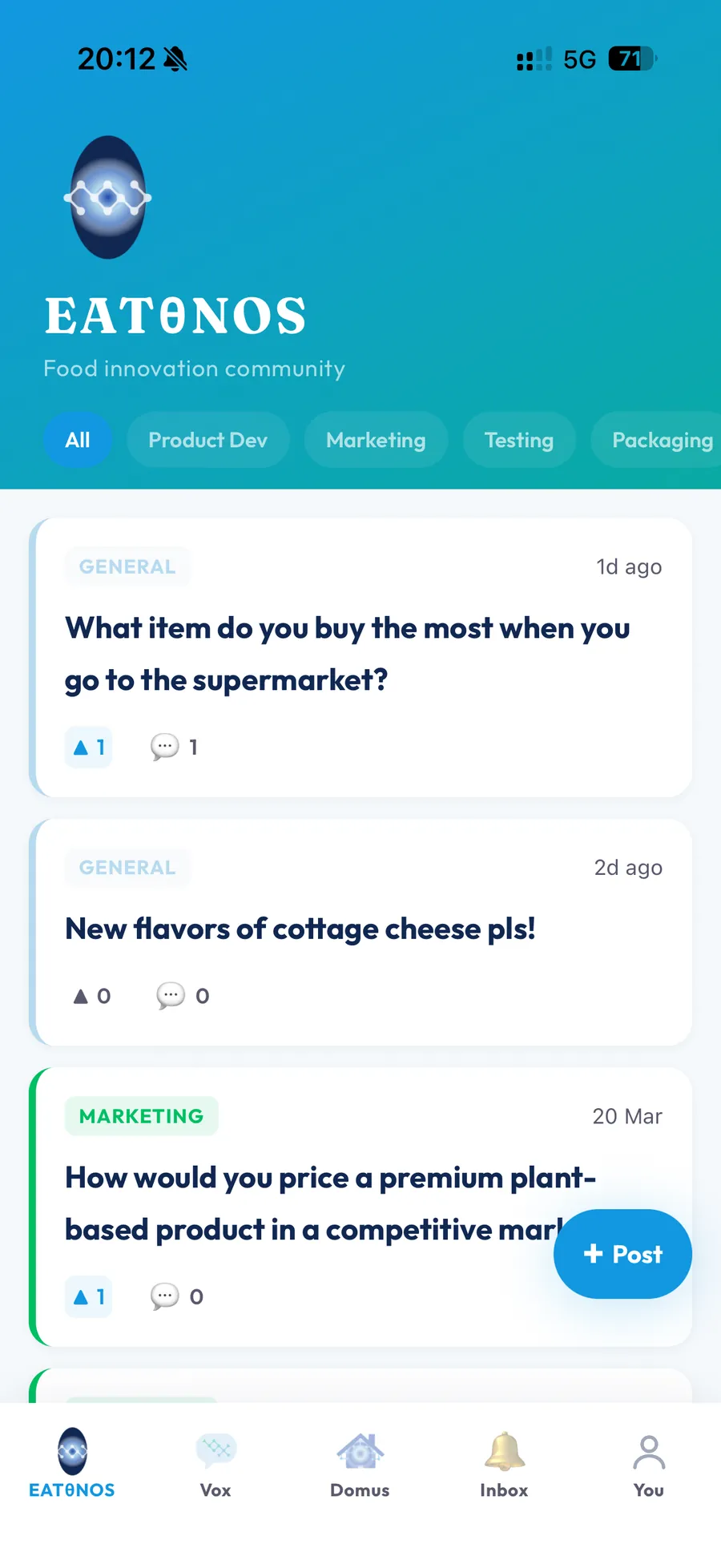 Eatpol app community feed with food innovation discussions